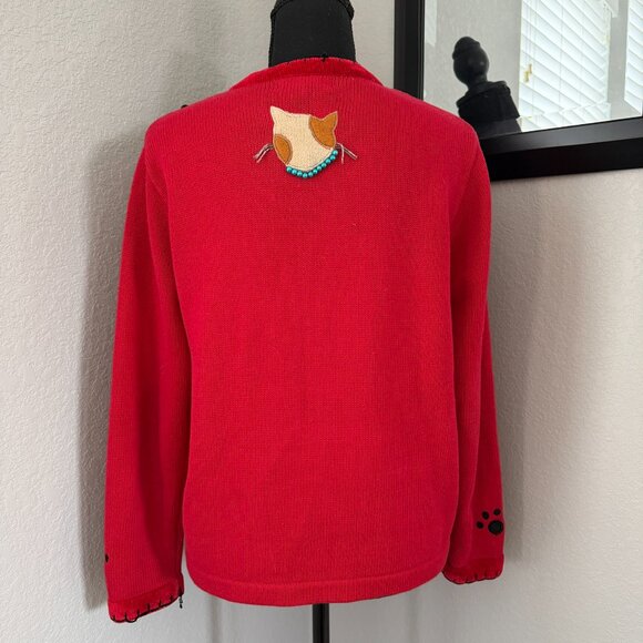 VINTAGE 80s Berek by Takako Sakon Red Cat Cardigan Sweater Medium - Picture 5 of 15